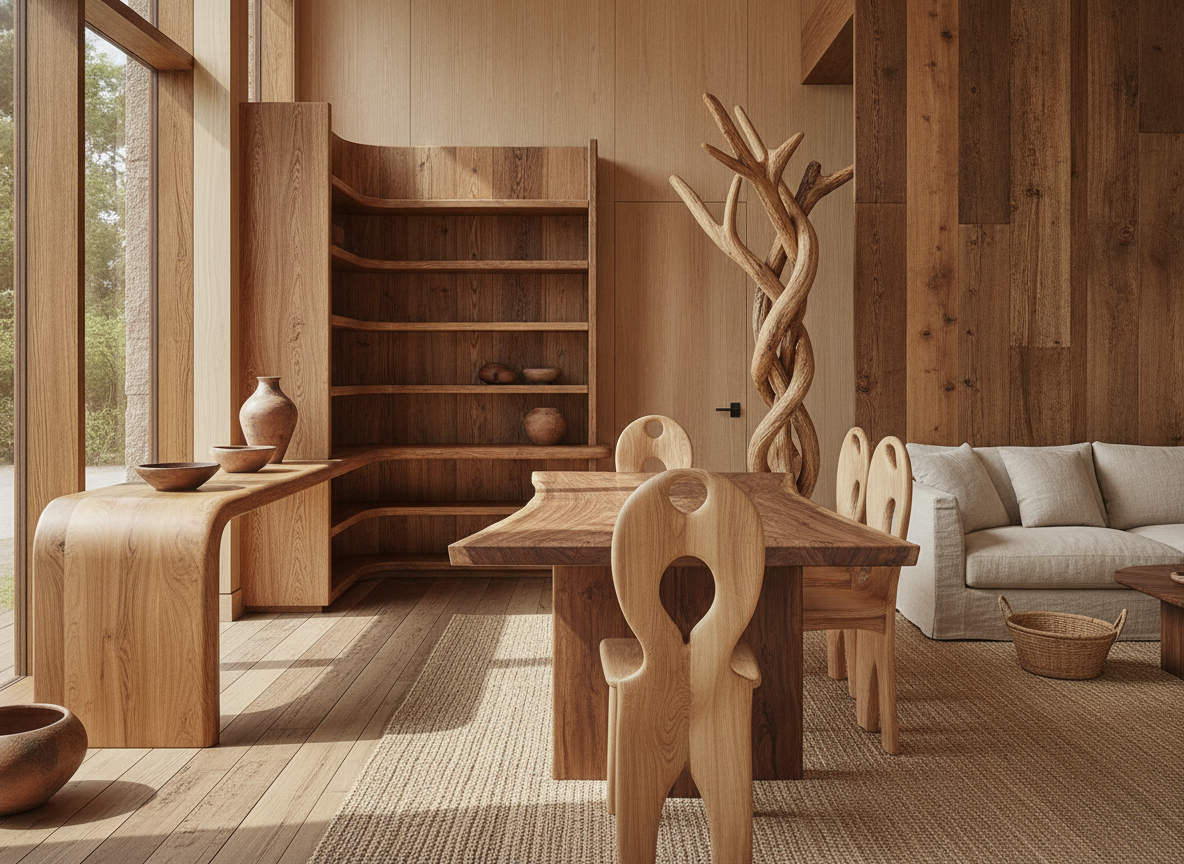 Sculpturale houten meubels verenigen kunst en functionaliteit