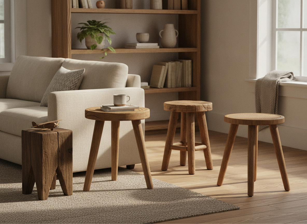Houten krukjes bieden bijzettafel, opstapje en extra zitplaats