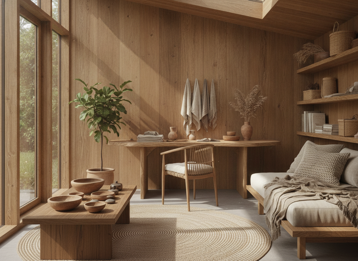 Tuinstudio van hout inrichten met natuurlijke materialen en daglicht