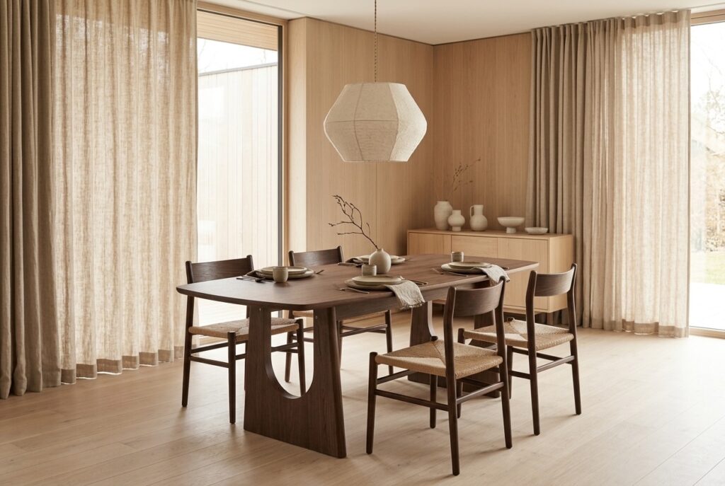 4-persoons eettafel Ferrara Walnootlook in een japandi interieur, eetkamer