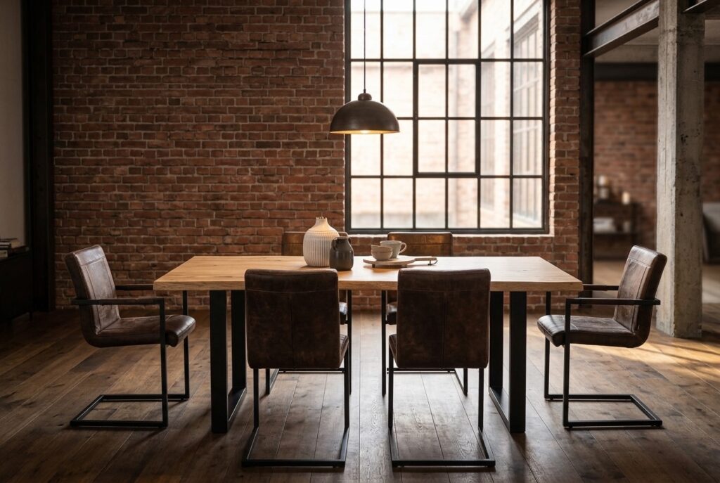 Artistiq Eettafel ‘Noan’, Boomstam, 240 x 100cm in een industrieel interieur, eetkamer