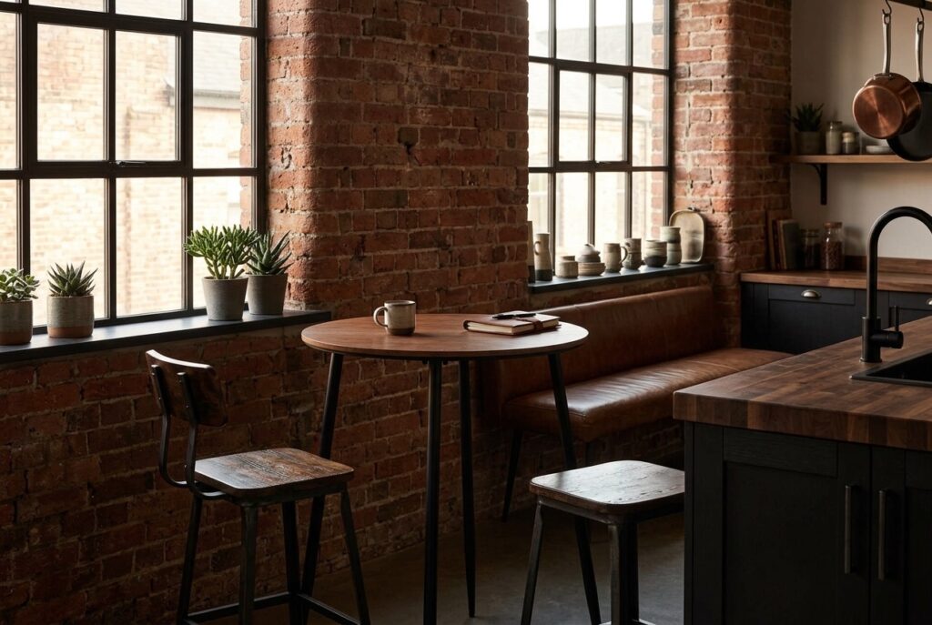 Bartafel Milo rond, zwart/naturel, 105xØ100 cm in een industrieel interieur, keuken