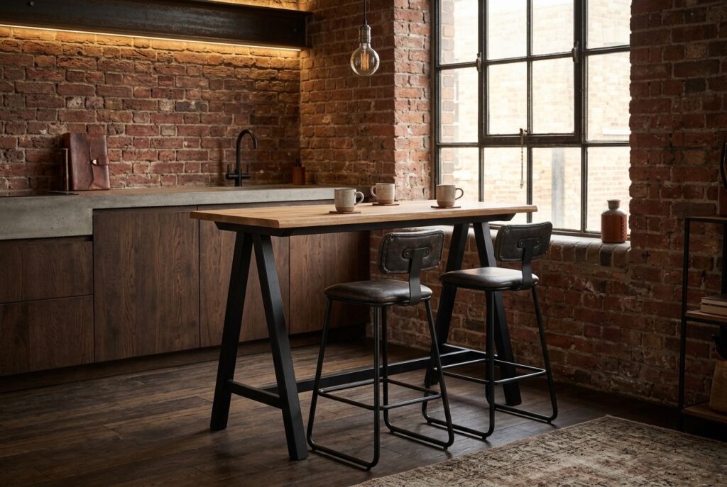 Bartafel SANDBY 71×128 naturel eiken/zwart in een industrieel interieur, keuken