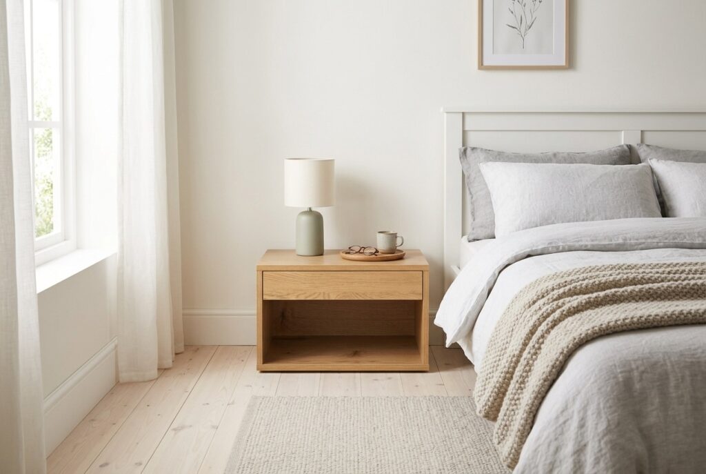 basic Stine Nachtkastje, Eiken in een scandinavisch interieur, slaapkamer