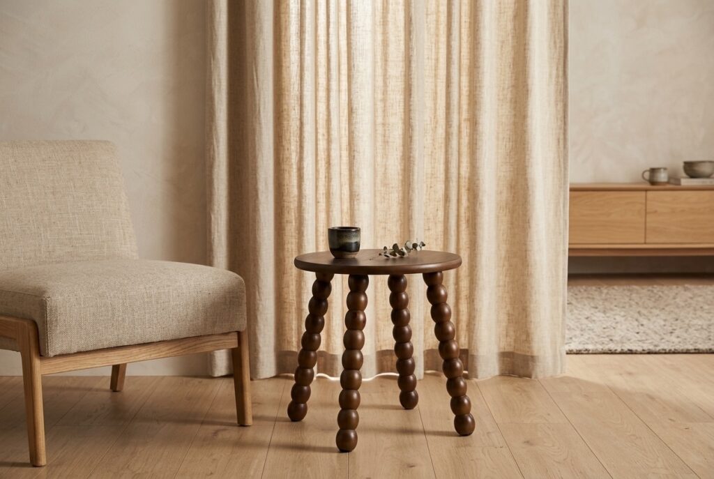Bijzettafel Ambra Walnootlook in een japandi interieur, woonkamer