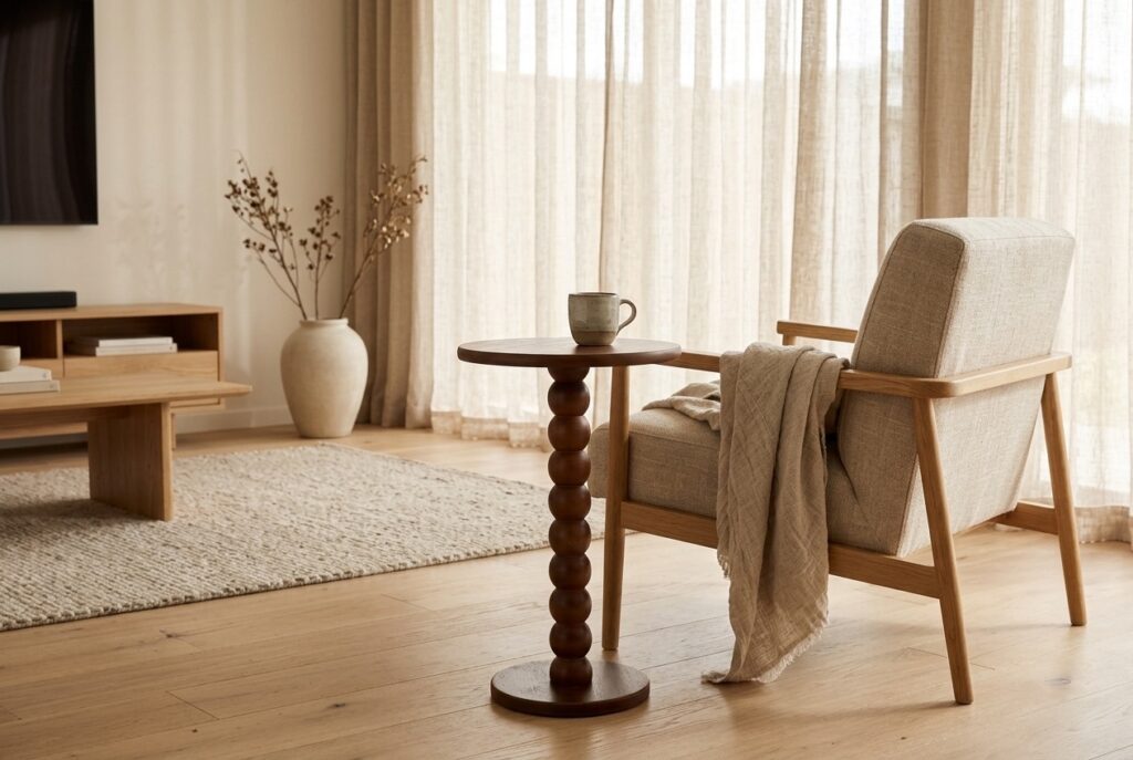 Bijzettafel Andria Bruin in een japandi interieur, woonkamer