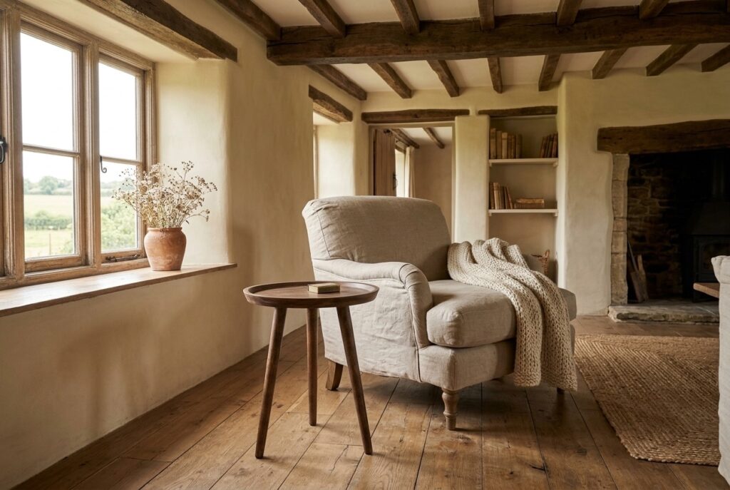 Bijzettafel Basel, walnoot, 48xØ45 cm in een landelijk interieur, woonkamer