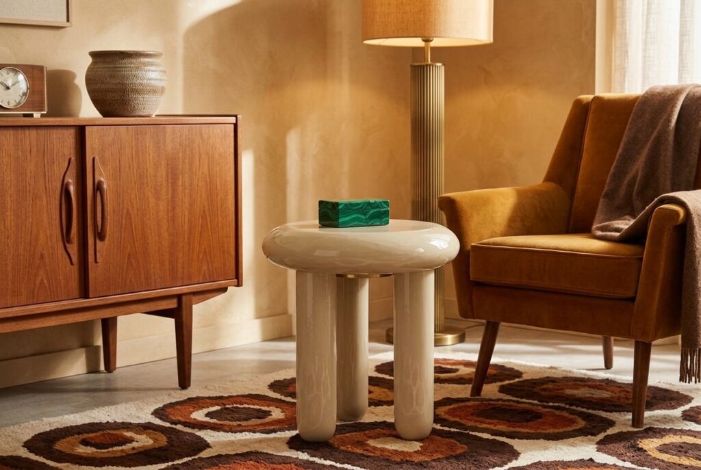 Bijzettafel Bor beige in een retro interieur, woonkamer