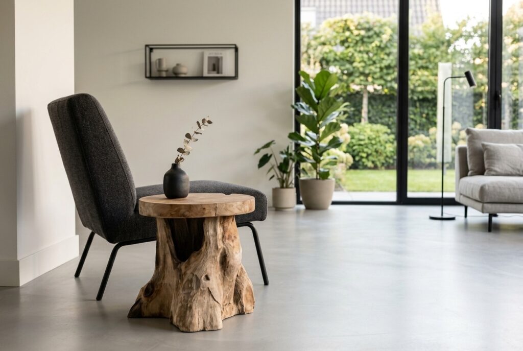 Bijzettafel Borneo, teak, 40xØ40 cm in een modern interieur, woonkamer