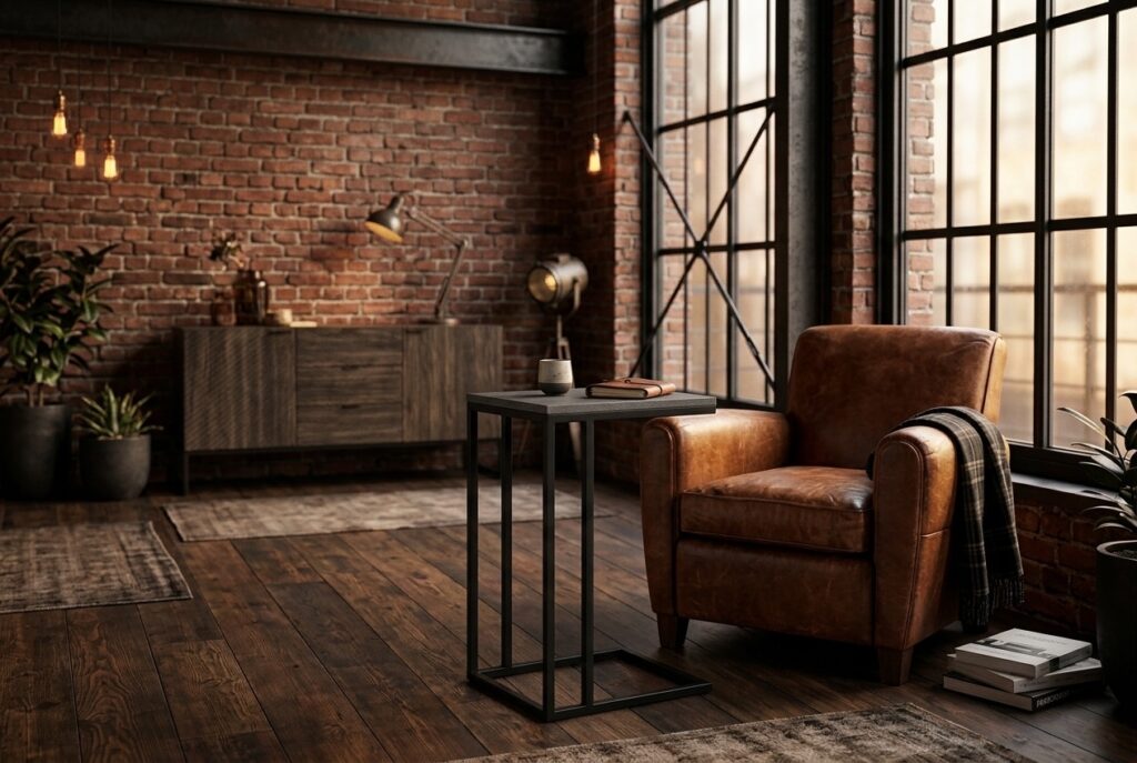 Bijzettafel Celo Zwart in een industrieel interieur, woonkamer