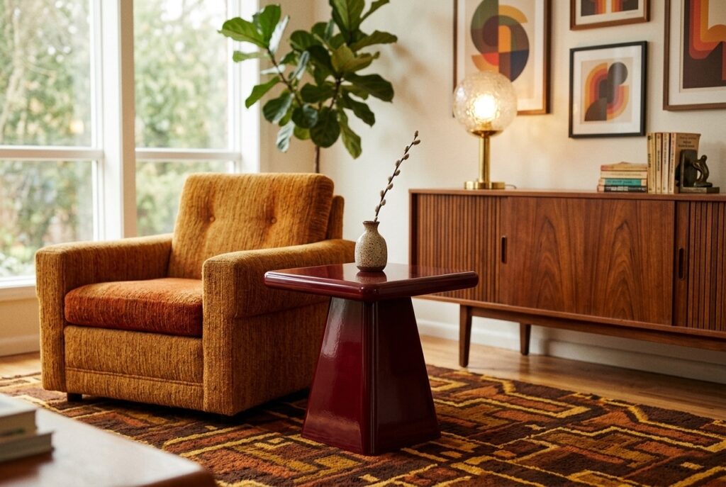 Bijzettafel Elice Bordeaux in een retro interieur, woonkamer