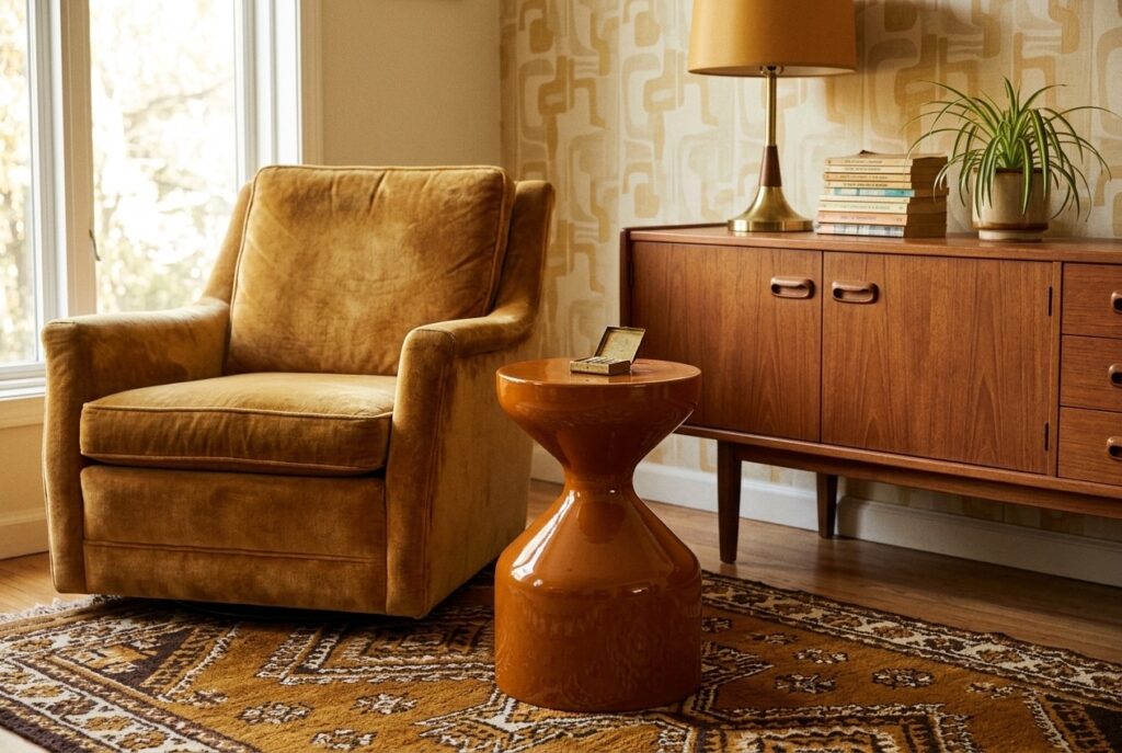 Bijzettafel Finn Bruin in een retro interieur, woonkamer