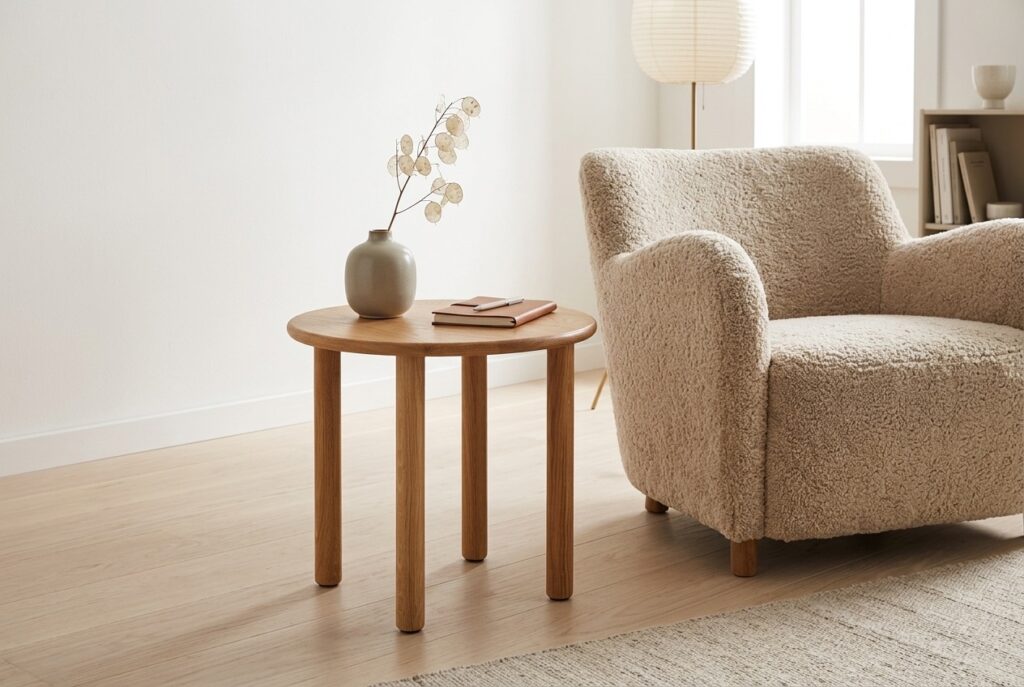 Bijzettafel Joëlle naturel Ø40 cm in een scandinavisch interieur, woonkamer