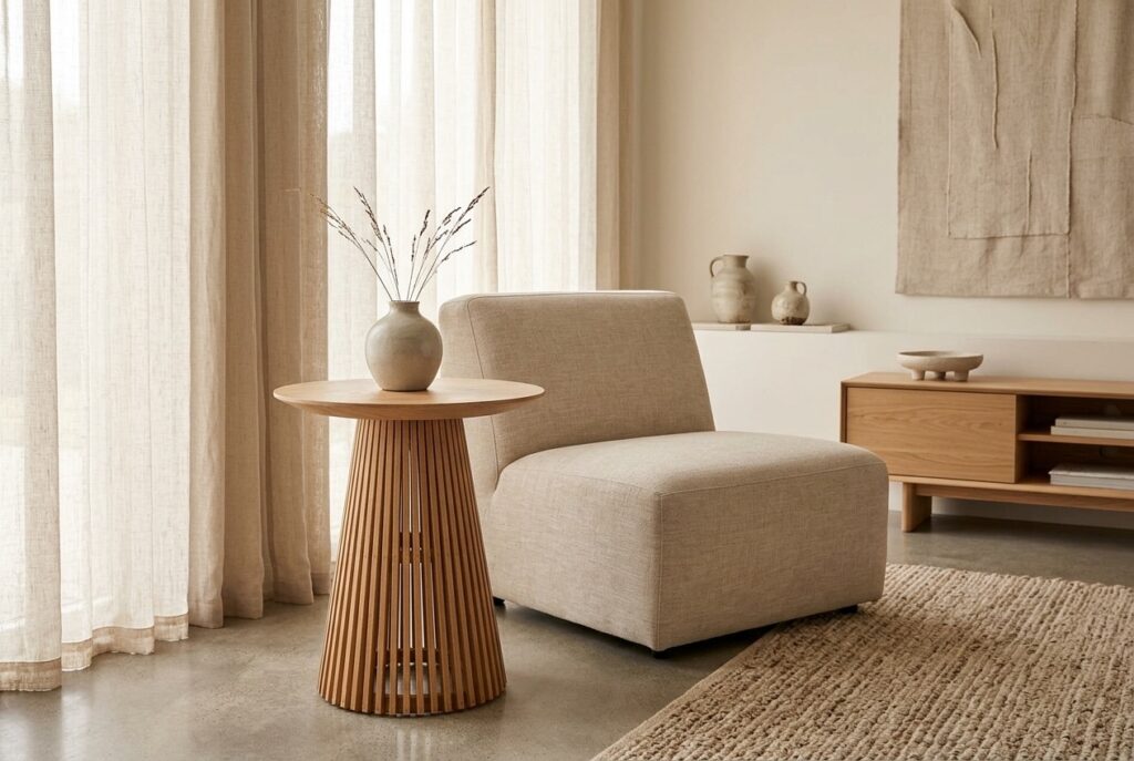 Bijzettafel Latera Naturel ø 45×50 cm in een japandi interieur, woonkamer