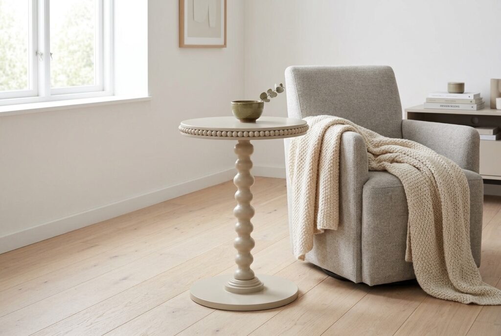 Bijzettafel Lucca Beige in een scandinavisch interieur, woonkamer