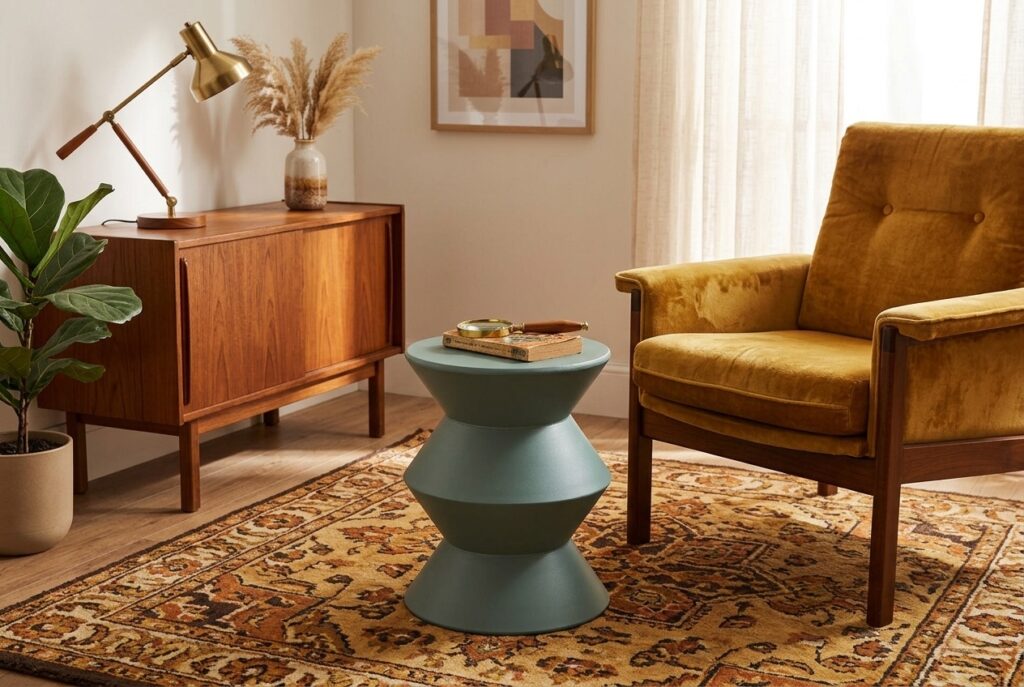 Bijzettafel Malaga, groen, 36xØ30,5 cm in een retro interieur, woonkamer