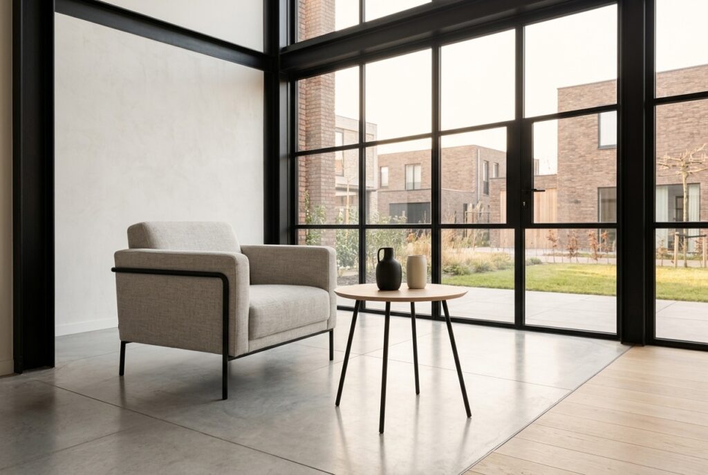 Bijzettafel NYBO Ø55 warm eiken kleur/zwart in een modern interieur, woonkamer