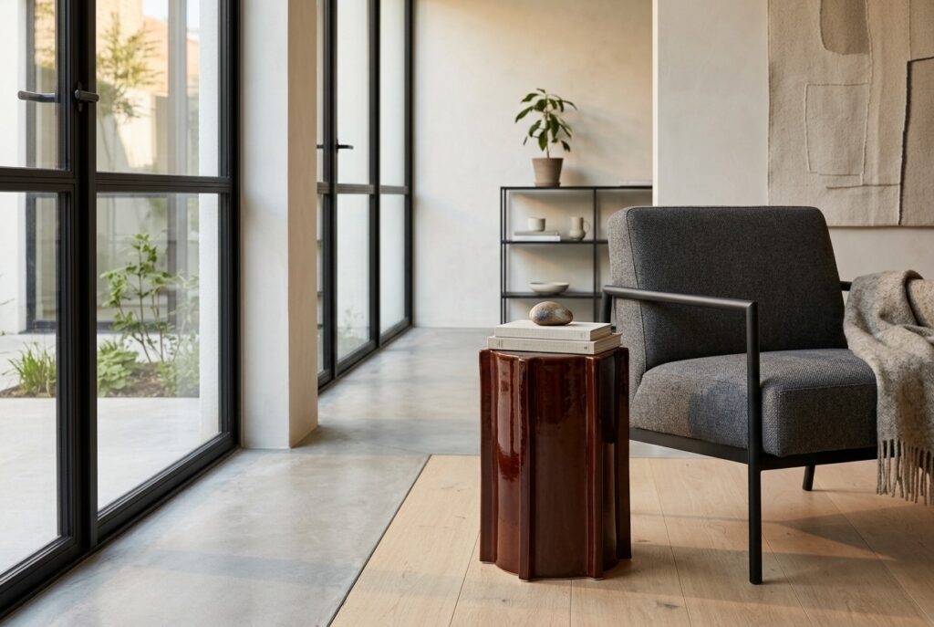 Bijzettafel Pawn 02 dark brown in een modern interieur, woonkamer