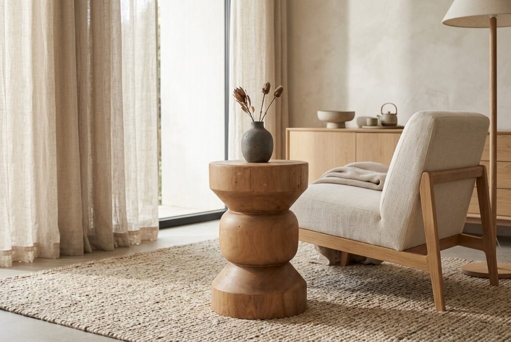 Bijzettafel Ritari naturel in een japandi interieur, woonkamer