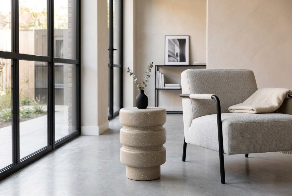 Bijzettafel Sancia taupe in een modern interieur, woonkamer
