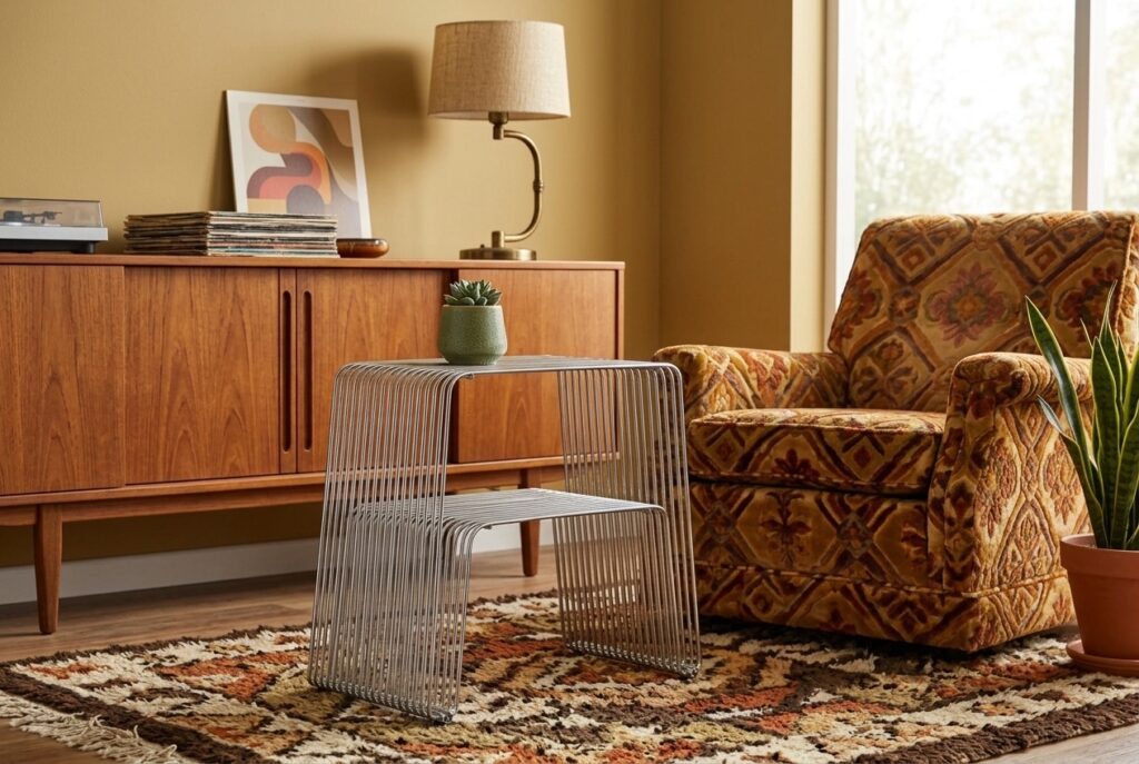 Bijzettafel UDBY 36×46 1 schap chroom in een retro interieur, woonkamer