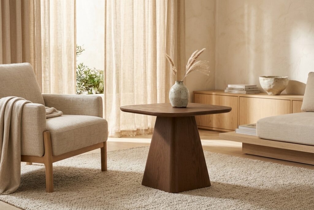 Bijzettafel Vibo Bruin L in een japandi interieur, woonkamer