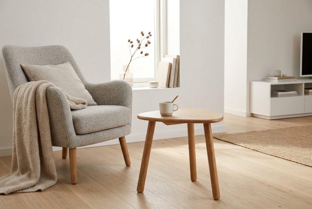 Bijzettafel VILDBJERG 42×50 warm eiken in een scandinavisch interieur, woonkamer