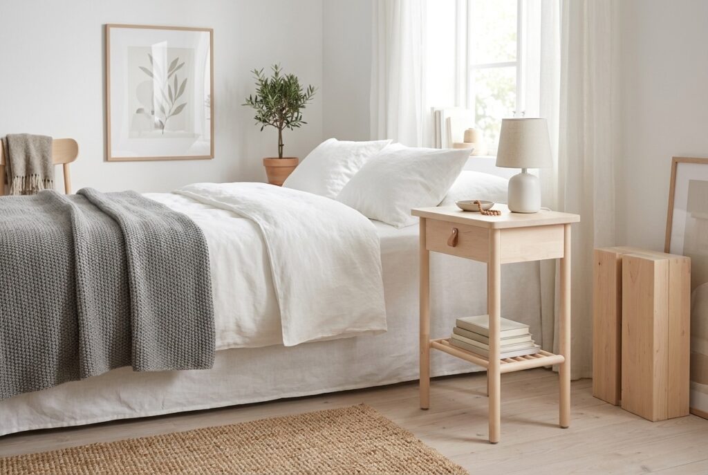BJÖRKSNÄS Nachtkastje, berken 48×38 cm in een scandinavisch interieur, slaapkamer