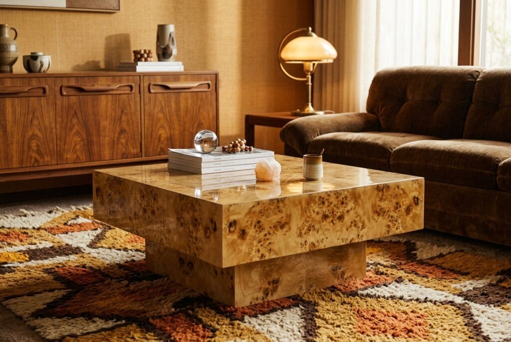 Dutchbone Salontafel ‘Quinn’ Eucalyptushout, 90 x 90cm in een retro interieur, woonkamer