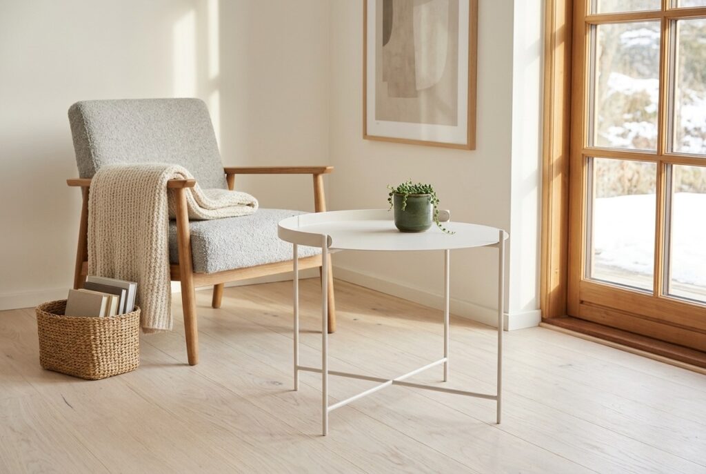 Edge bijzettafel Ø62 Muted White in een scandinavisch interieur, woonkamer