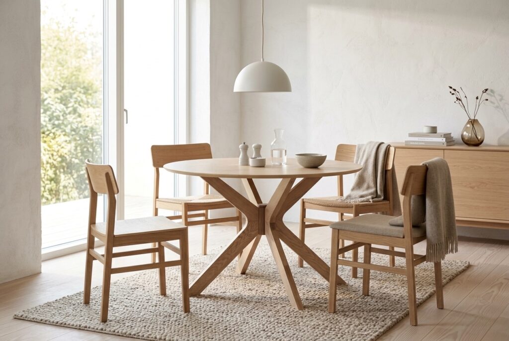 Eetkamertafel Novel, eikenkleur, 75xØ105 cm in een scandinavisch interieur, eetkamer