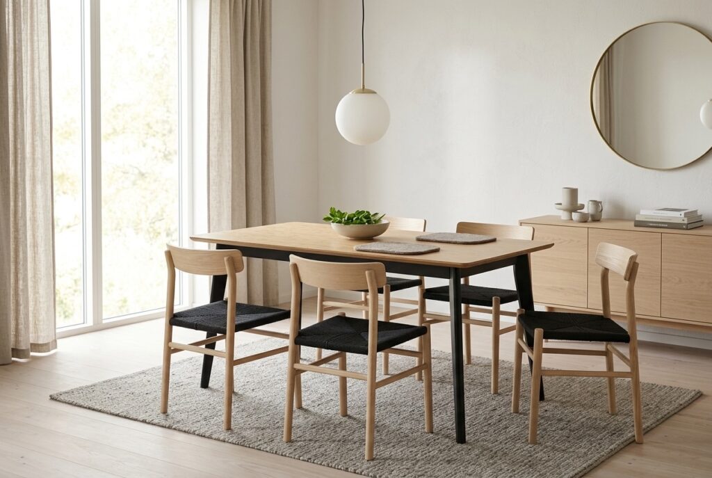 Eetkamertafel Roxy, eiken/zwart, 76x120x80 cm in een scandinavisch interieur, eetkamer