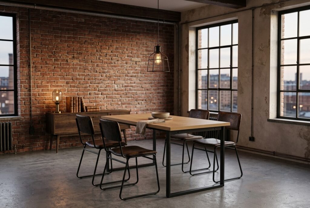 Eettafel AABENRAA 80×120 warm eiken kleur/zwart in een industrieel interieur, eetkamer
