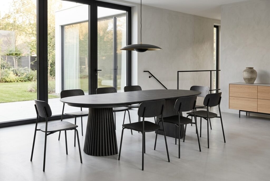 Eettafel Alko uitschuifbaar Ø120 tot 240 cm in een modern interieur, eetkamer