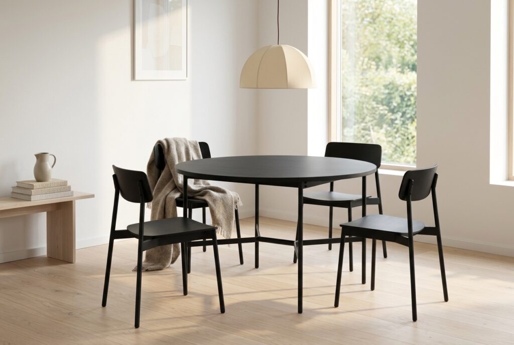 Eettafel Cleo zwart Ø120 cm in een scandinavisch interieur, eetkamer