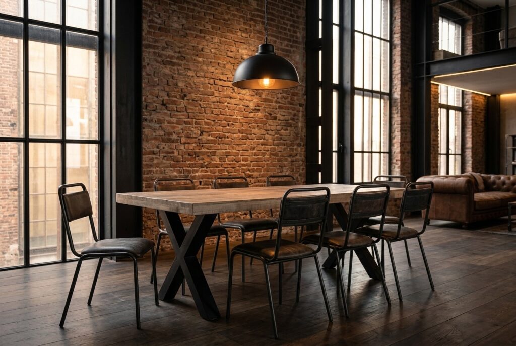 Eettafel Deks 180 cm, X-poot in een industrieel interieur, eetkamer