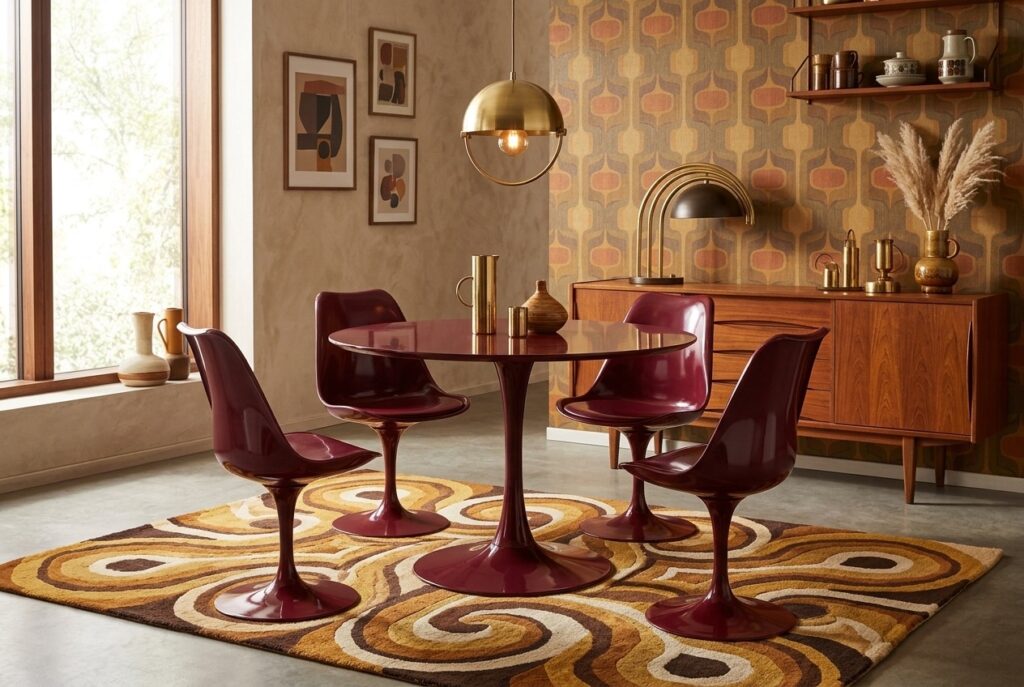 Eettafel Gorica Bordeaux in een retro interieur, eetkamer