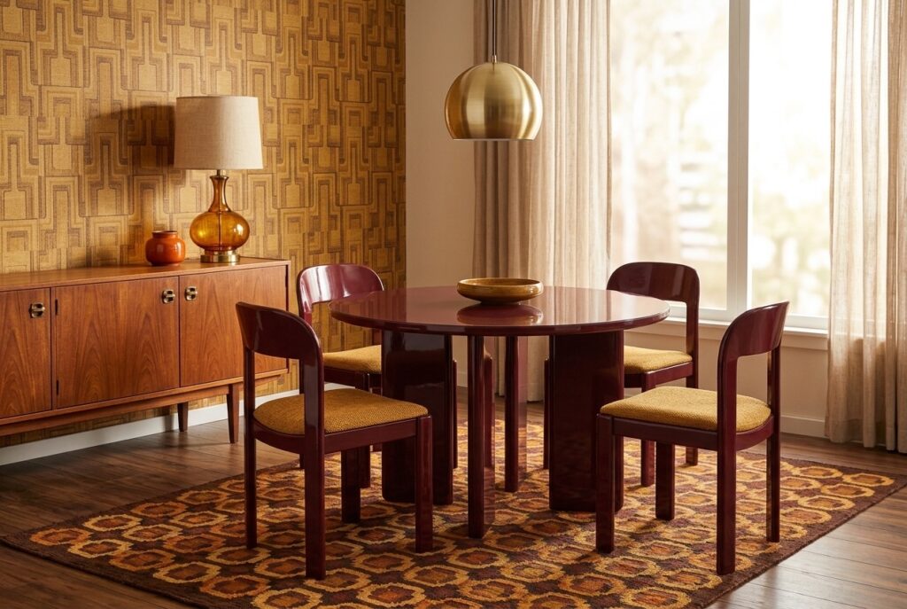 Eettafel Goriza Bordeaux in een retro interieur, eetkamer