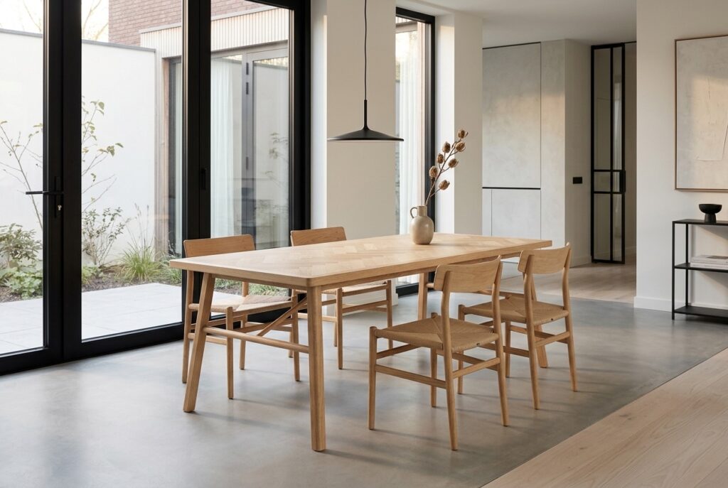 Eettafel Gwen visgraat Naturel in een modern interieur, eetkamer