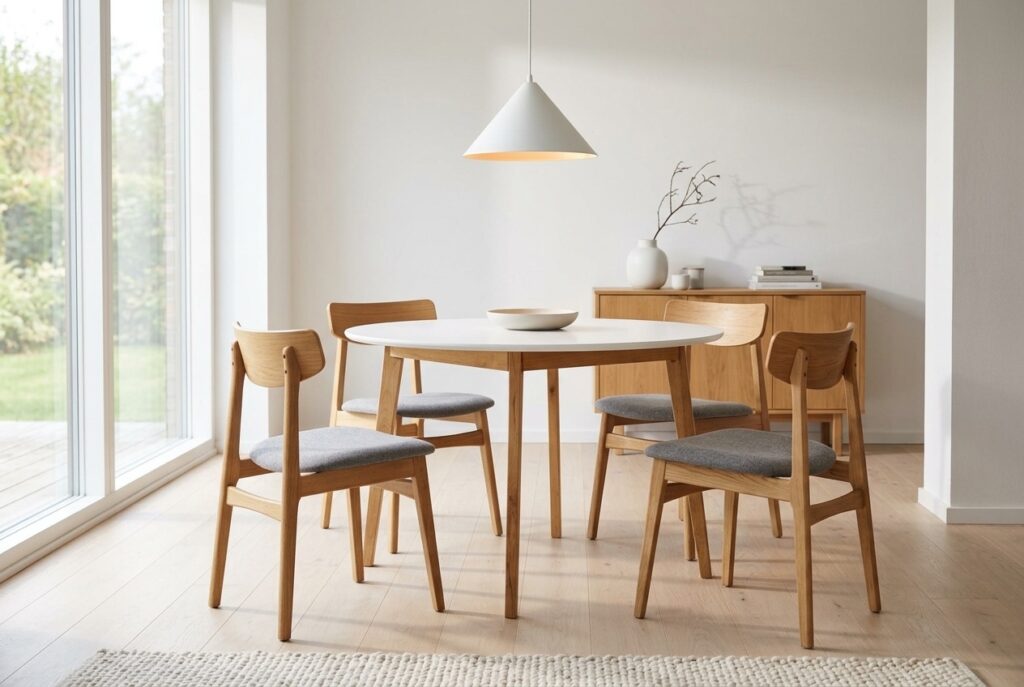 Eettafel JEGIND Ø105 wit/naturel in een scandinavisch interieur, eetkamer