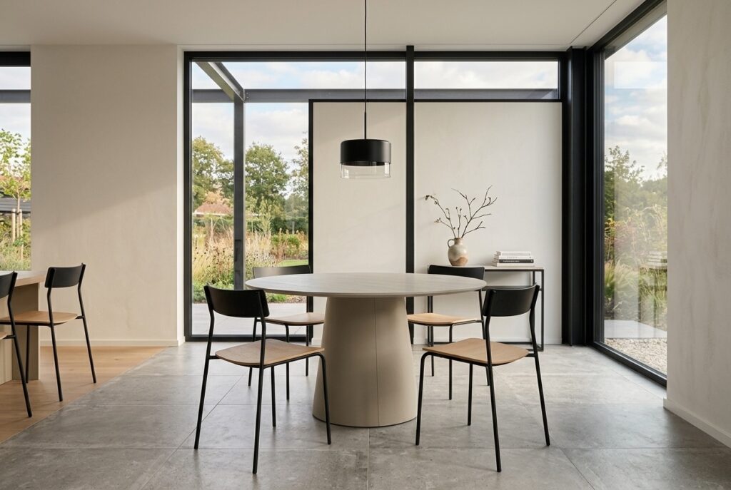 Eettafel KLIPLEV Ø120 travertijn kleur/beige in een modern interieur, eetkamer