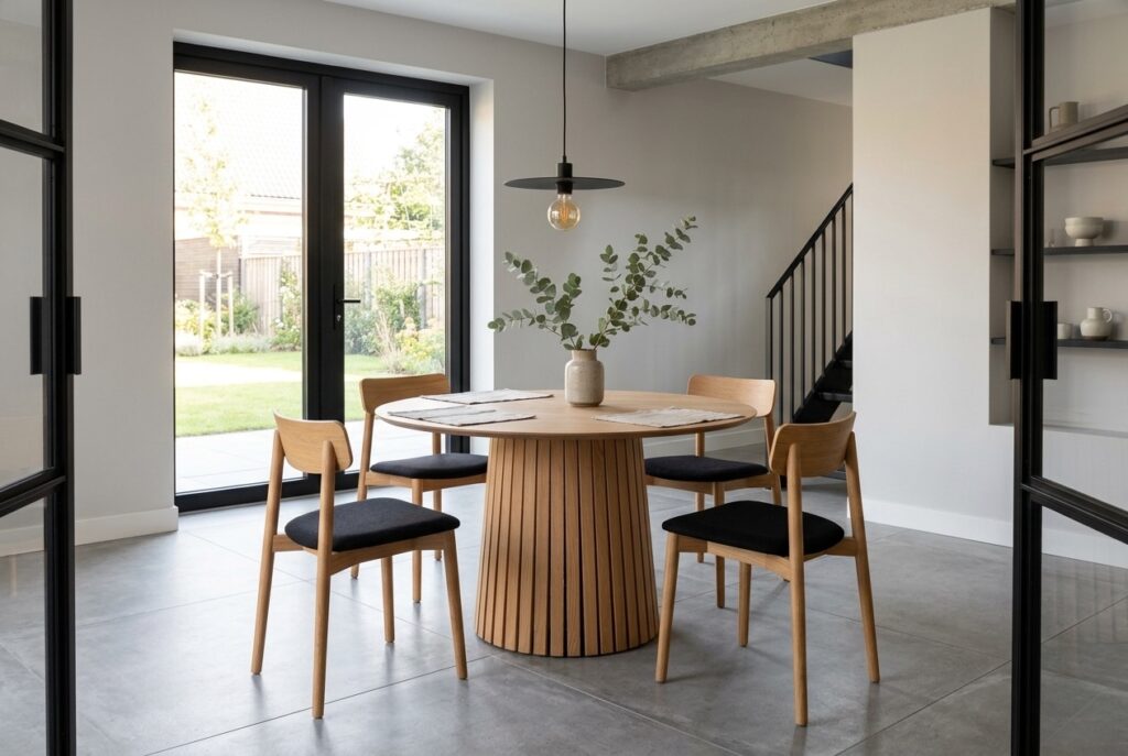 Eettafel Liva, eiken, Ø120 cm in een modern interieur, eetkamer