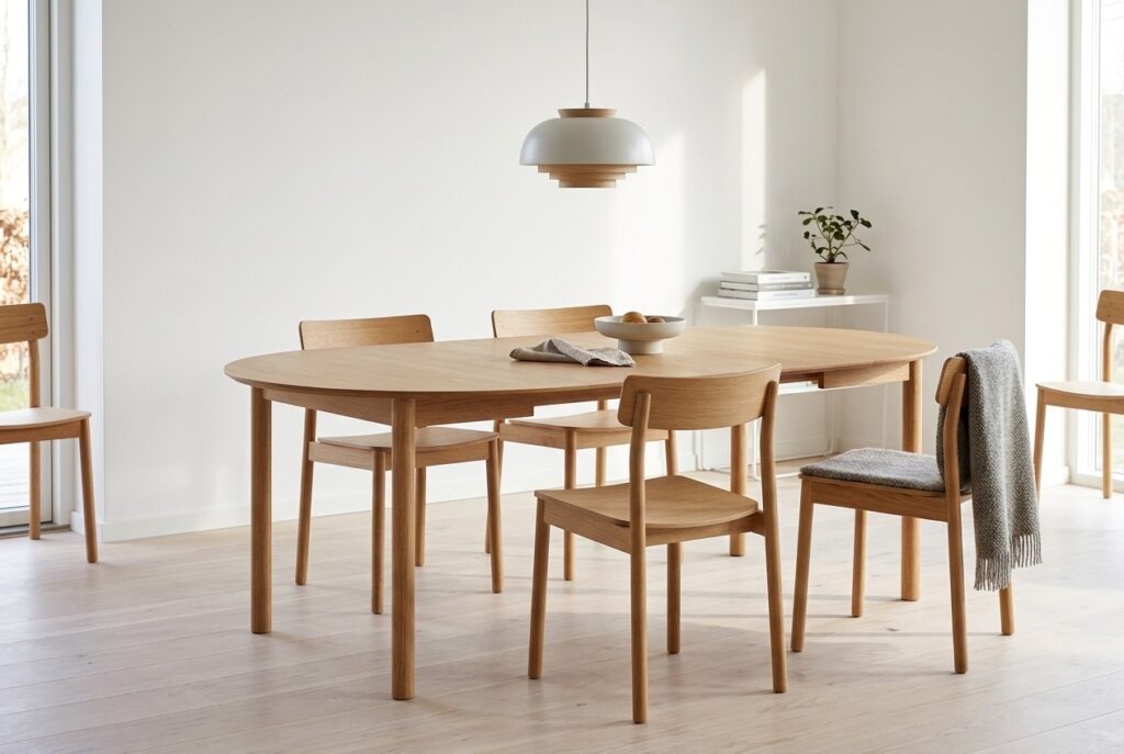 Eettafel Loet naturel uitschuifbaar in een scandinavisch interieur, eetkamer