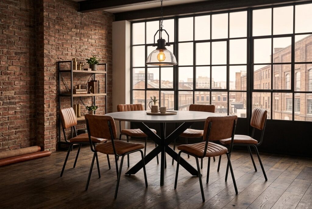 Eettafel Luna Rond in een industrieel interieur, eetkamer