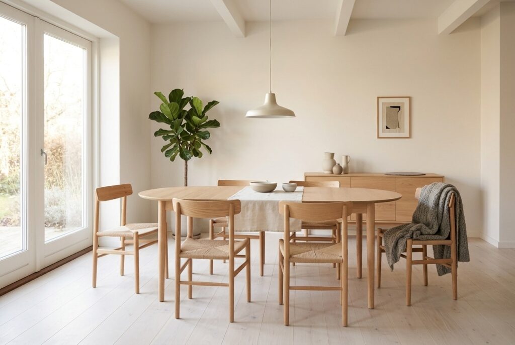 Eettafel MARSTRAND 100×200/280 naturel eiken in een scandinavisch interieur, eetkamer