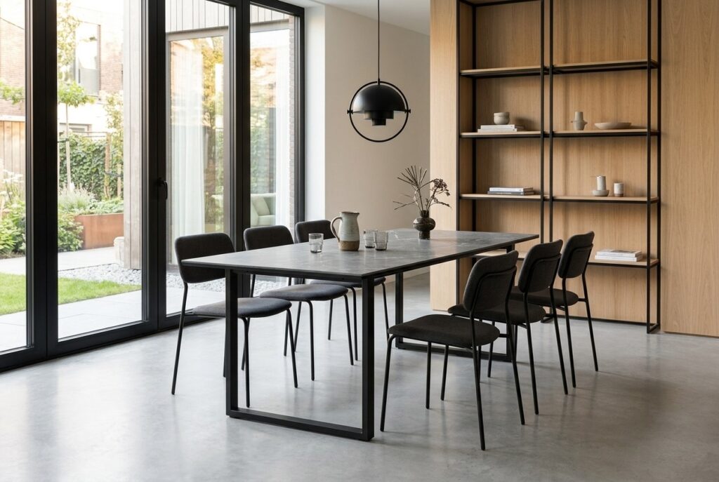 Eettafel MOSELUND 90×180 keramiek zwart in een modern interieur, eetkamer
