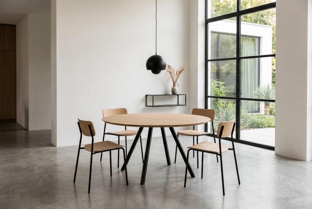 Eettafel New Classic Quadpod naturel Ø140 cm verjongd in een modern interieur, eetkamer