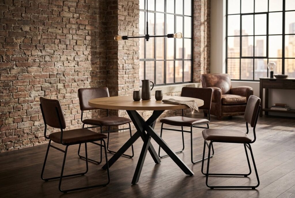 Eettafel NORTOFT Ø120 warm eiken kleur/zwart in een industrieel interieur, eetkamer