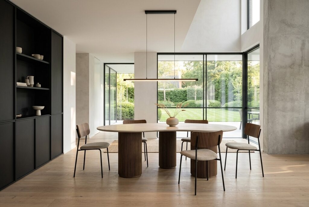 Eettafel Organisch Limestone in een modern interieur, eetkamer