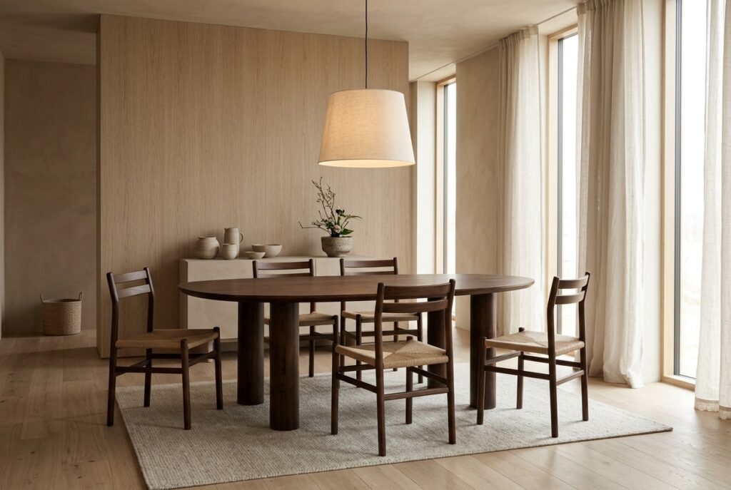 Eettafel Pebble, walnoot, mangohout, 200×115 cm in een japandi interieur, eetkamer